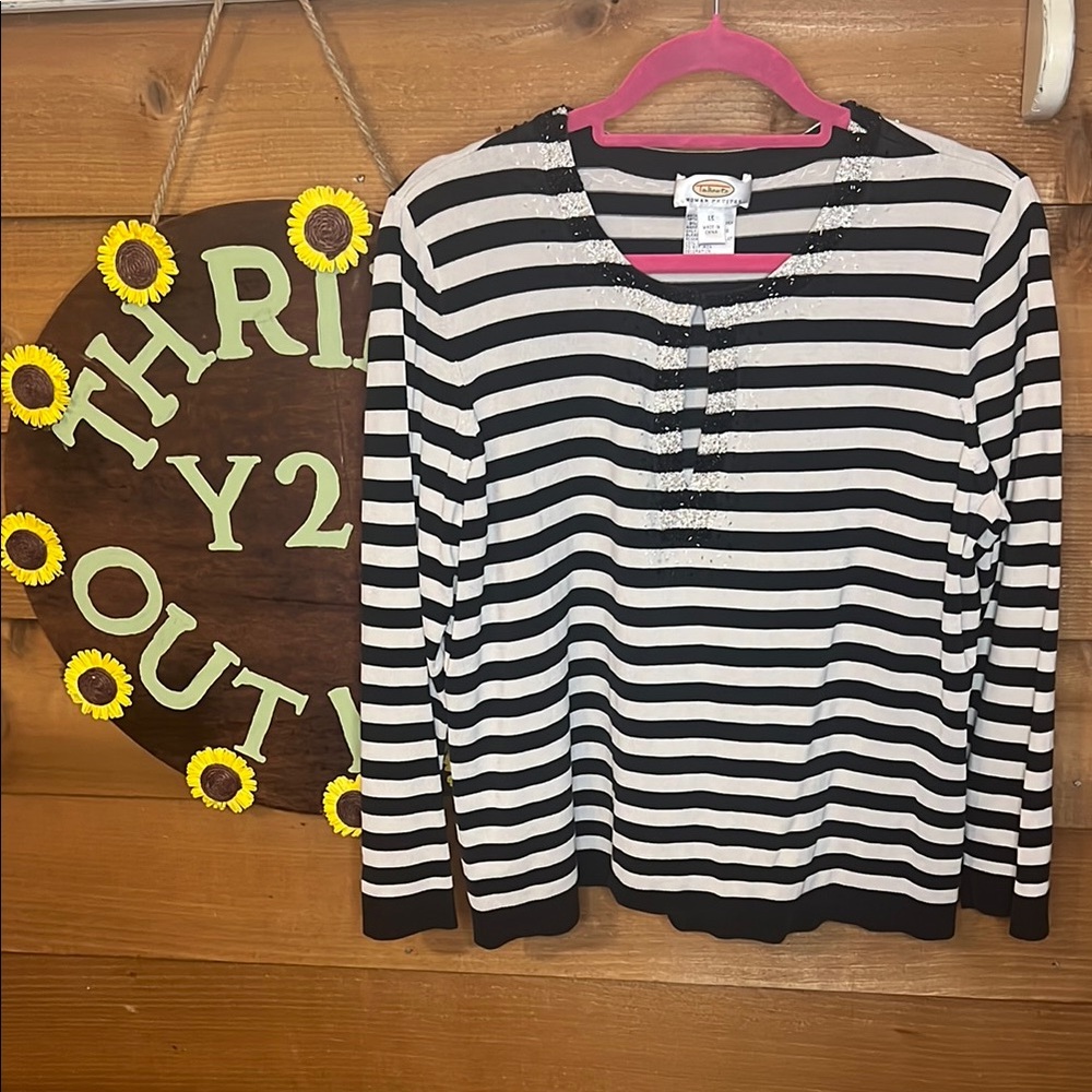 Talbots Silk Beaded Stripe V Neck Knit Long Sleeve Shirt 1X Petite Nautical